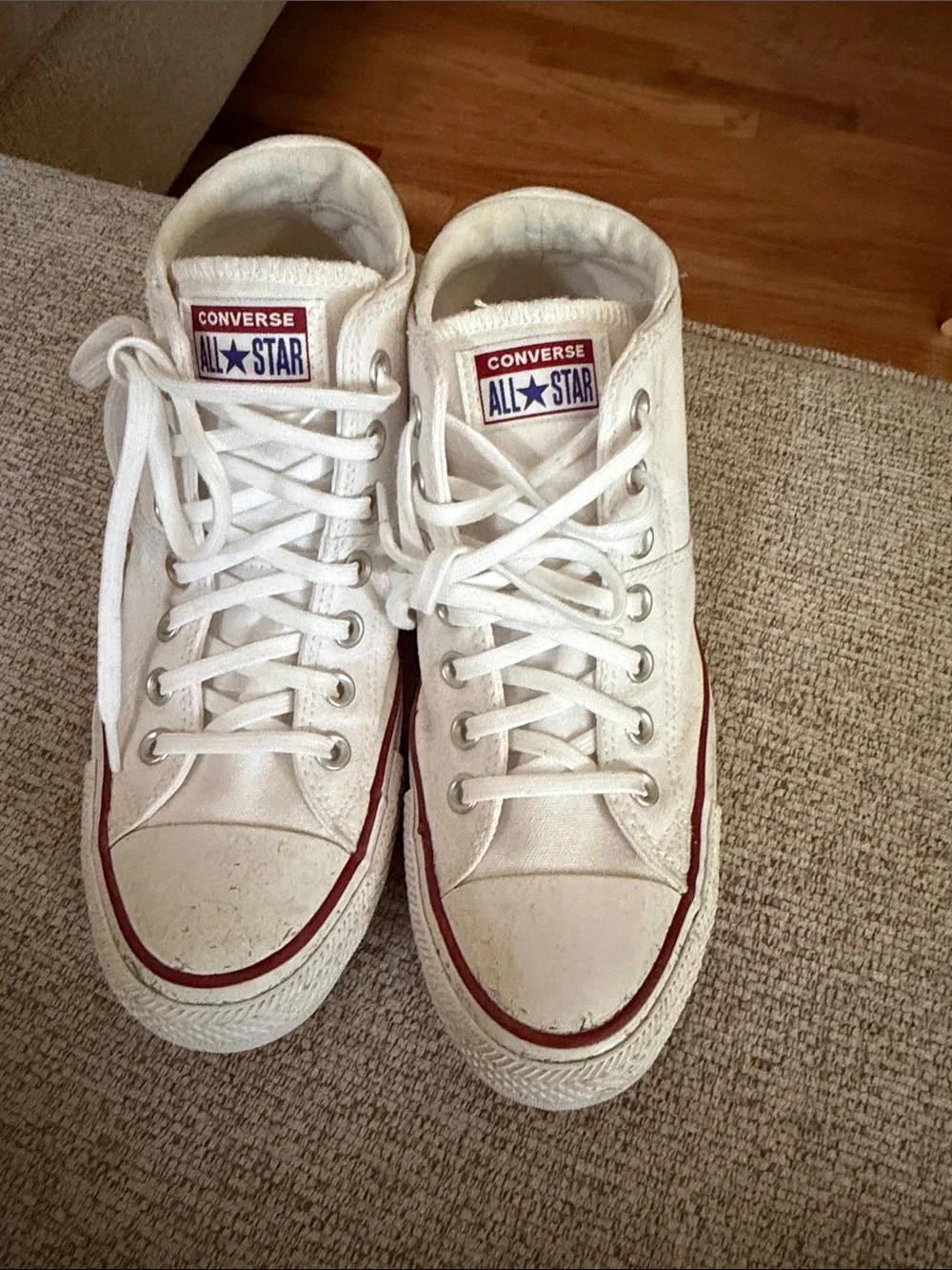 Converse White High Top Sneakers with Red Stripe